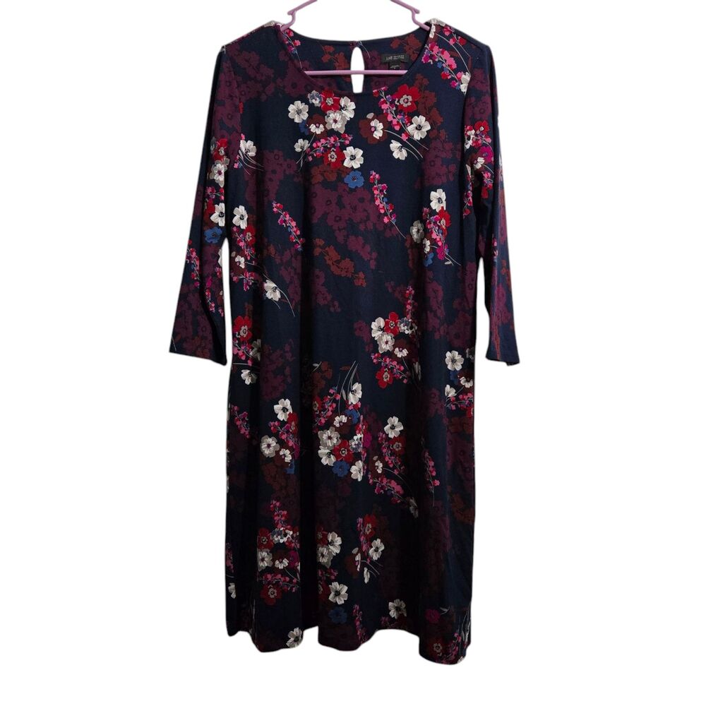J. Jill Wearever Collection Shift Dress Women M Long Sleeve Navy Floral Midi